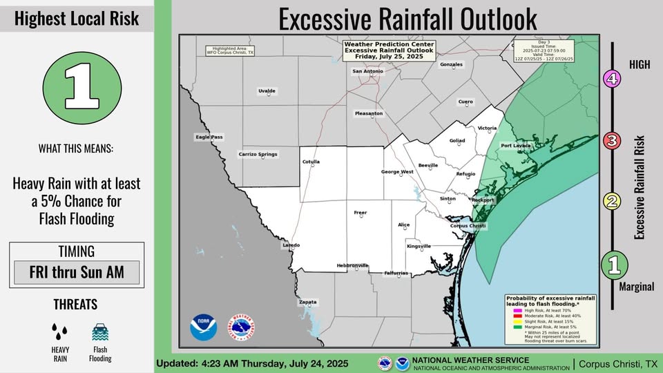 FLASH FLOOD RISK THIS WEEKEND – The National Weather Service has issued a Level 1 (Marginal Risk) for excessive rainfall and flash flooding across the Coastal Bend, including Corpus Christi, Rockport, Port Lavaca, and surrounding areas.